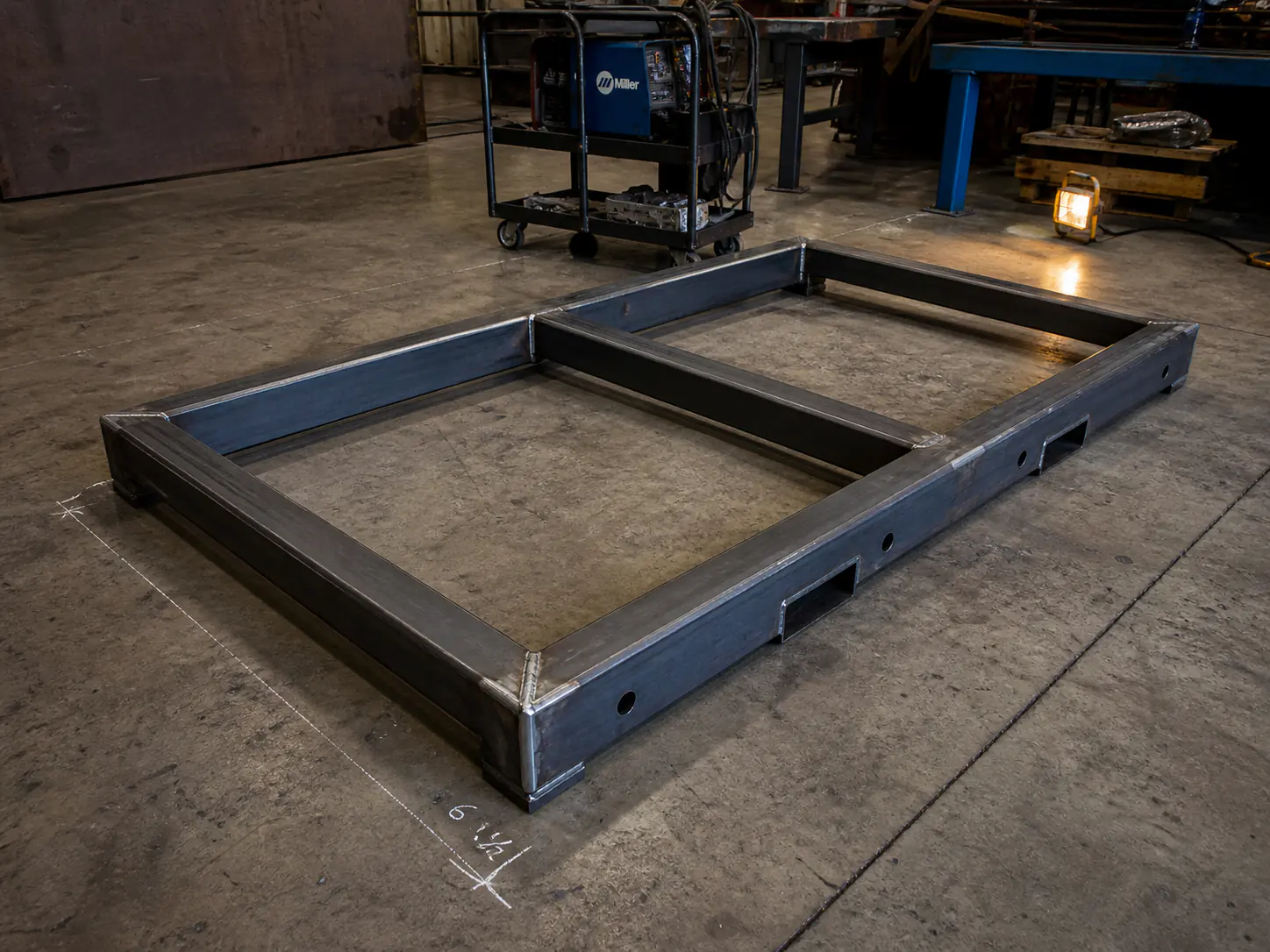 Equipment Skids — Heavy-tube skid frames for industrial equipment shipping.