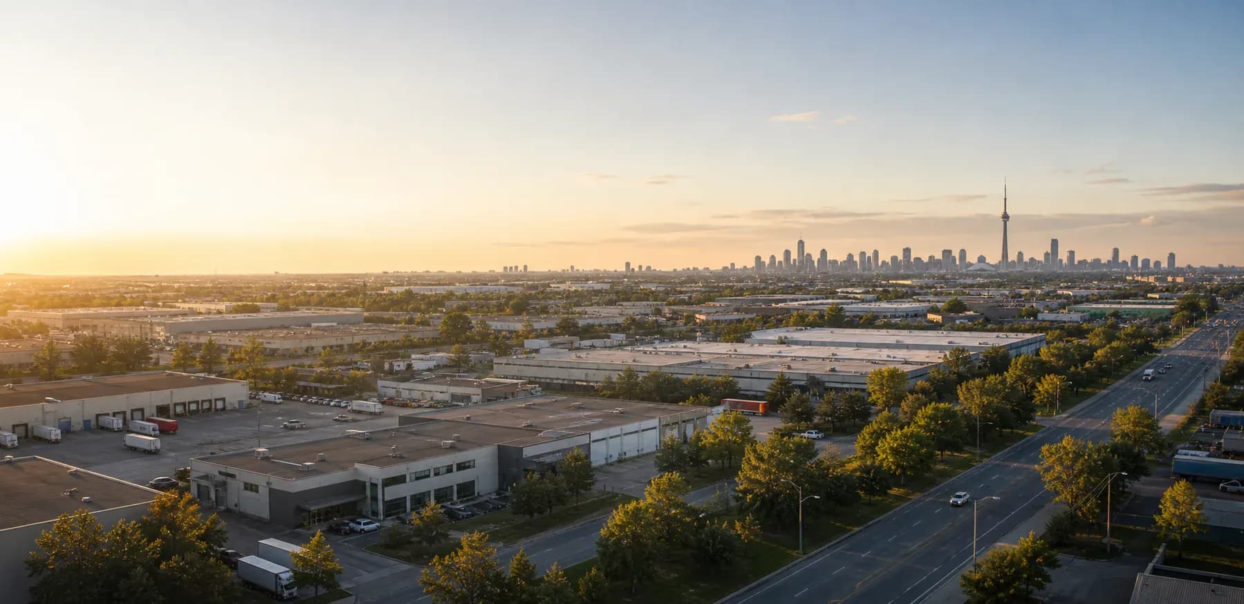 Editorial landscape of the Greater Toronto Area industrial corridor with manufacturing buildings, roads, and the Toronto skyline in the distance