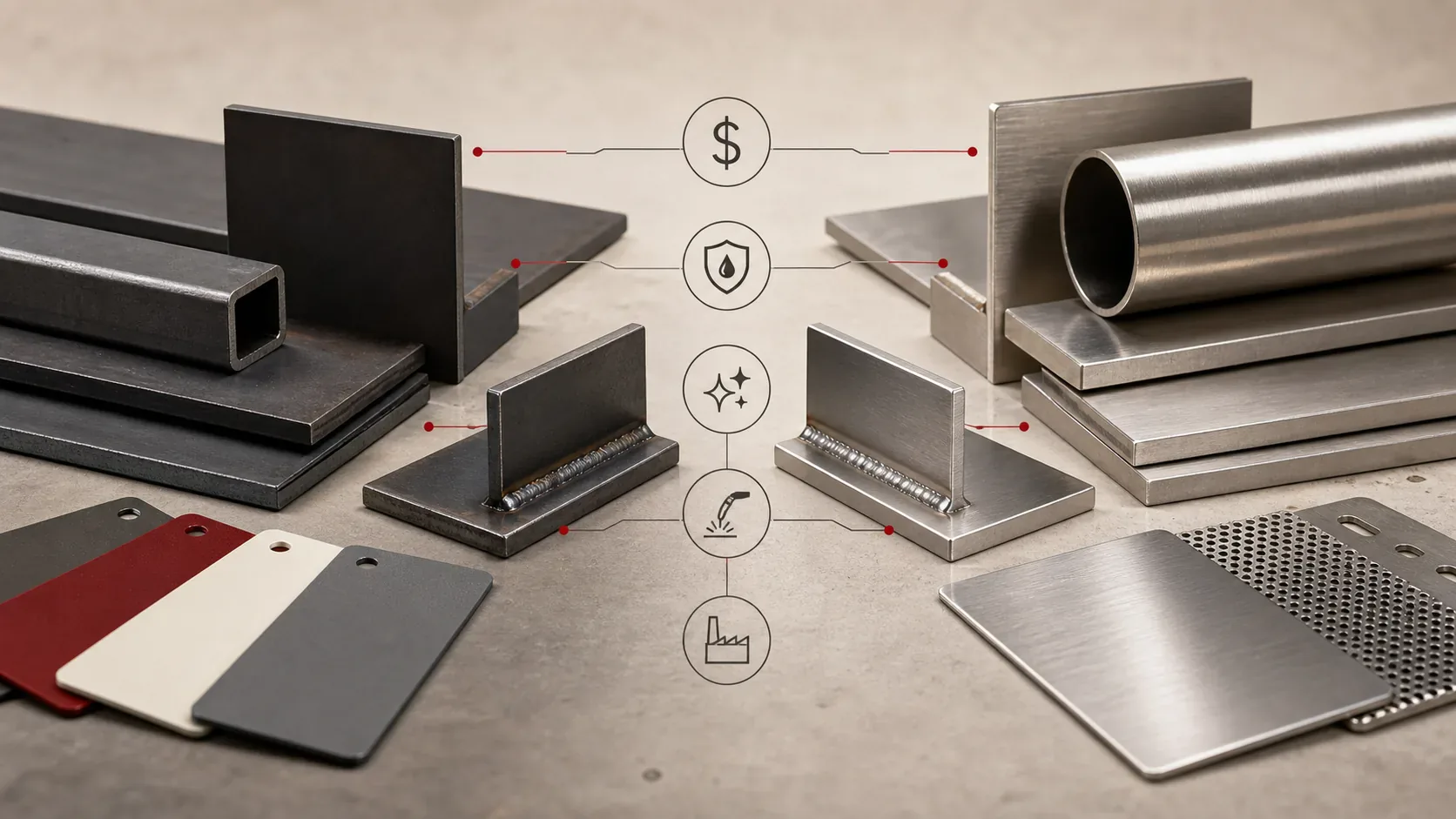 Technical editorial image comparing mild steel and stainless steel samples, weld coupons, finishes, and material decision marks