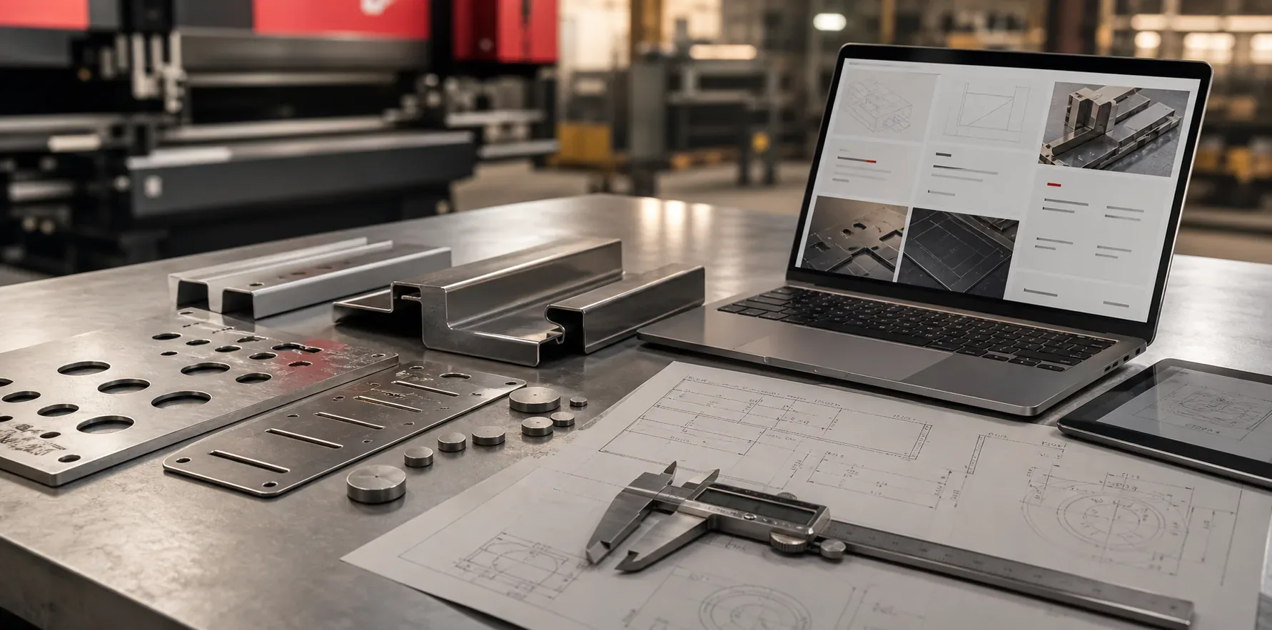 Metal fabrication workbench with laser-cut parts, press brake samples, CAD drawings, calipers, and technical guide layouts on a laptop