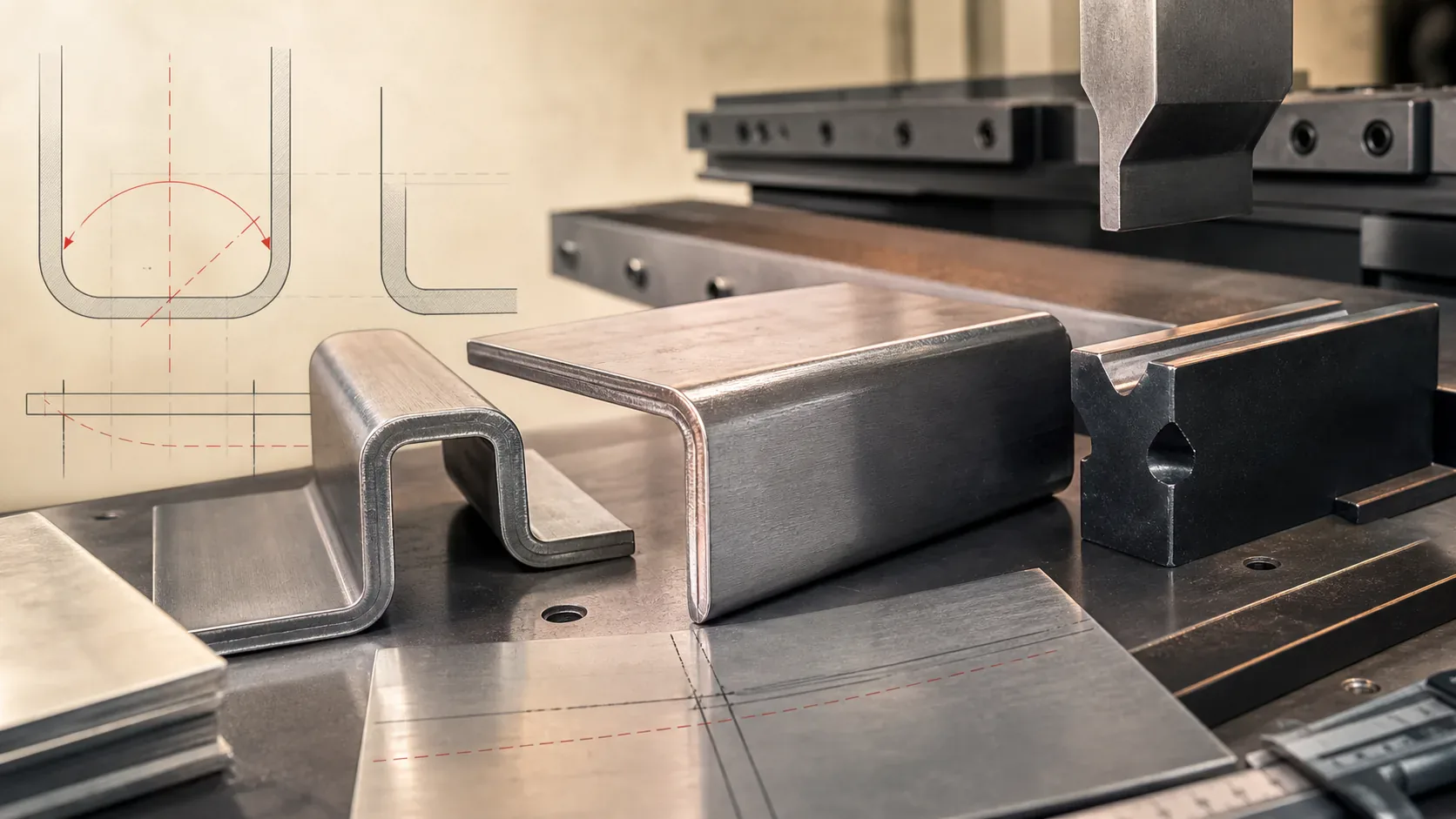 Technical editorial image of formed sheet metal bend samples, press brake tooling, and bend radius diagram marks