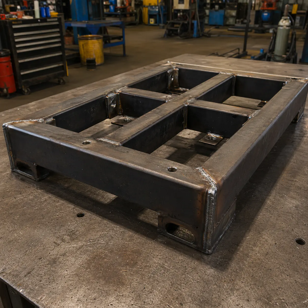 Welded machine-base frames for material-handling equipment along the Highway 7 corridor