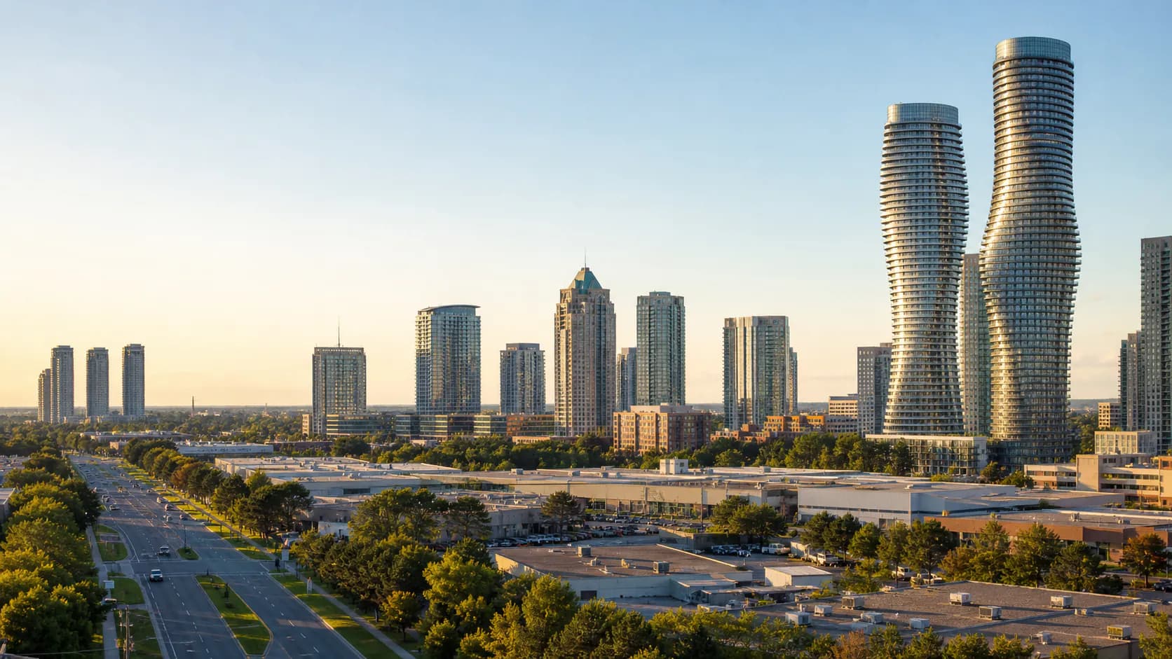 Editorial landscape representing Mississauga, Ontario with modern skyline towers and industrial buildings
